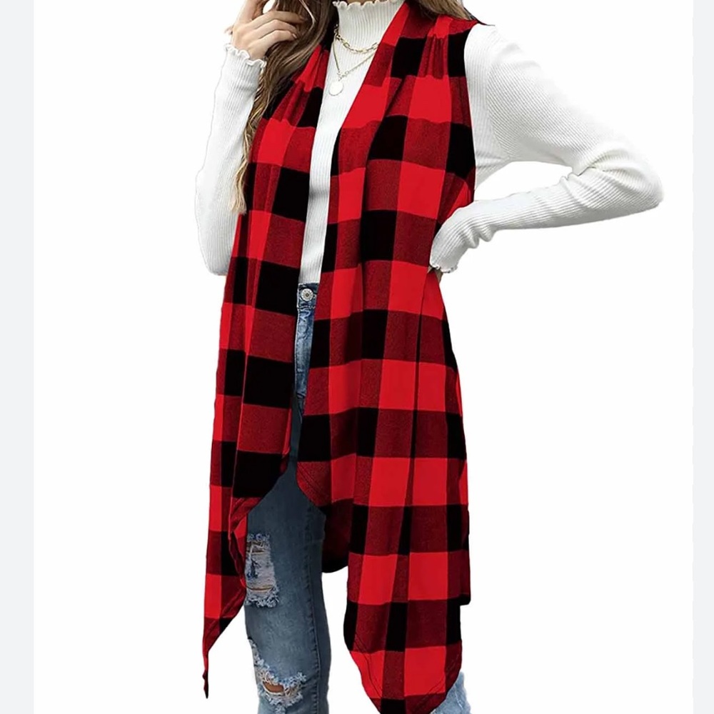 Plaid Sleeveless Cardigan Open Front Lightweight Vest Coat